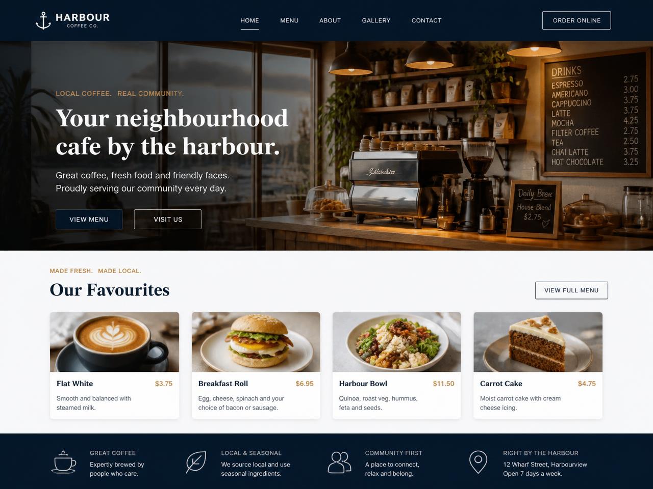 Concept homepage design for a neighbourhood cafe showing menu highlights