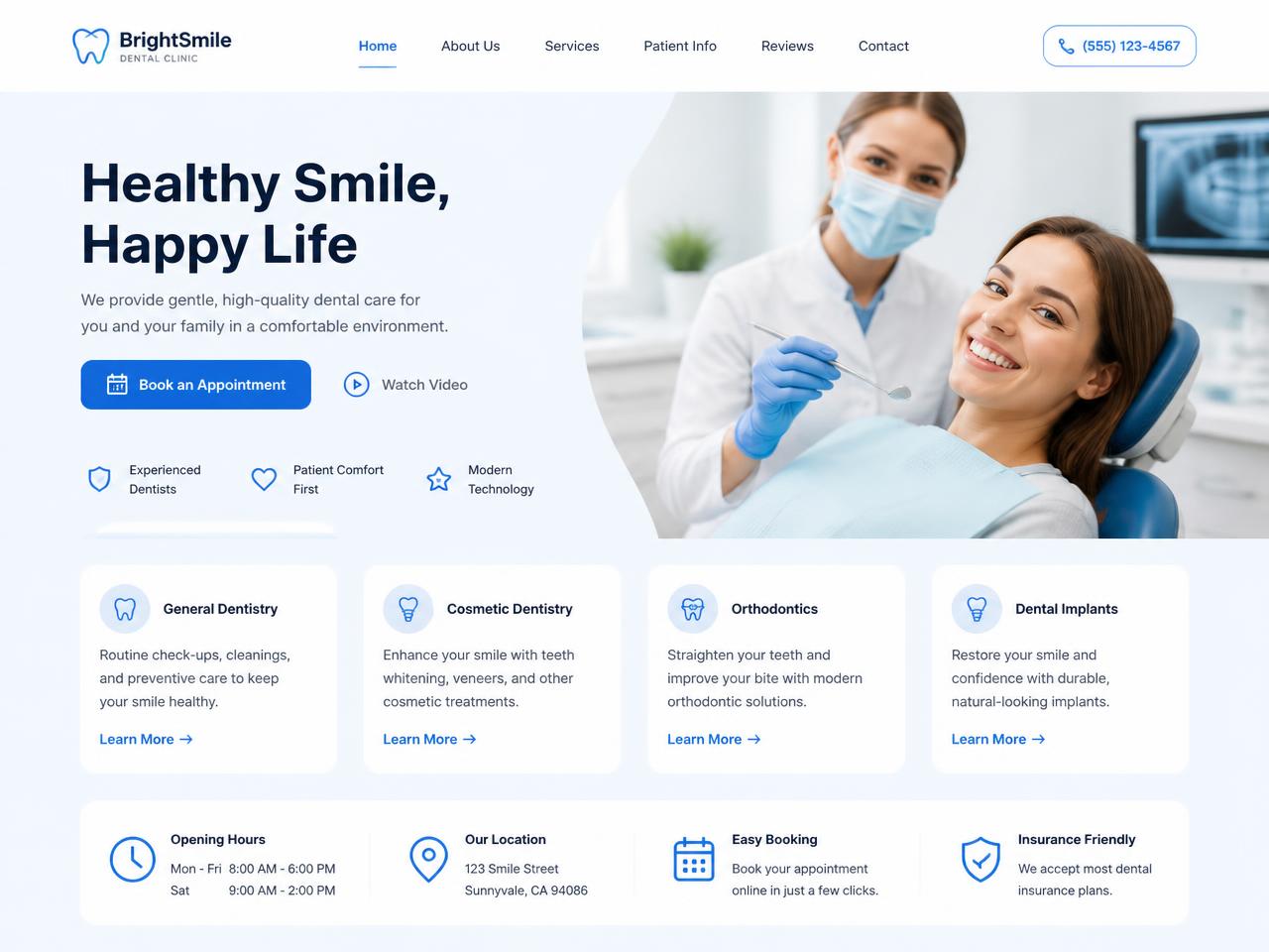Concept homepage design for a dental clinic with appointment booking button