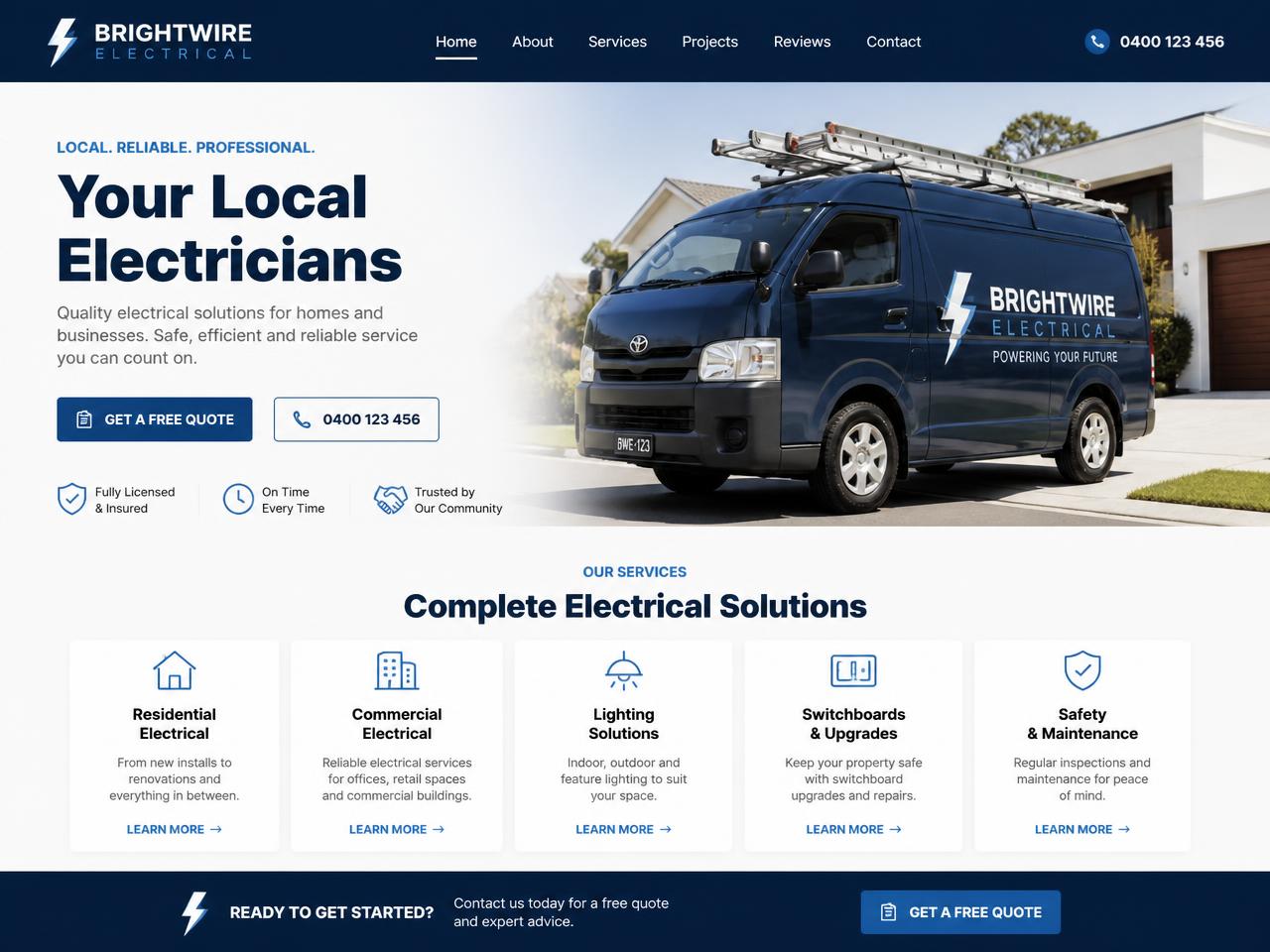Concept homepage design for a local plumbing business with navy header and service cards