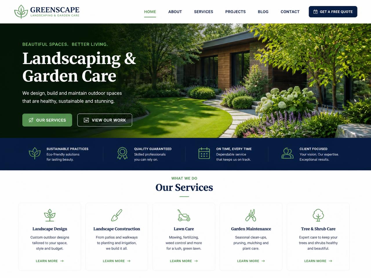 Concept homepage design for a landscaping business with service listings